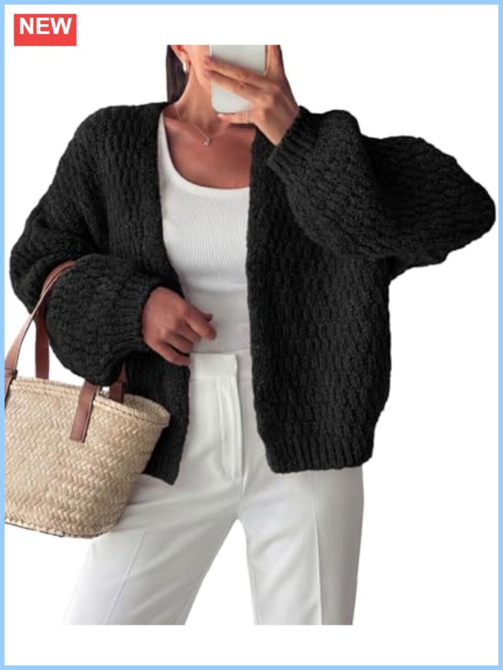 Chunky Knit Open Front Cardigan Shawl Neck Lantern Sleeve Drop Shoulder Winter